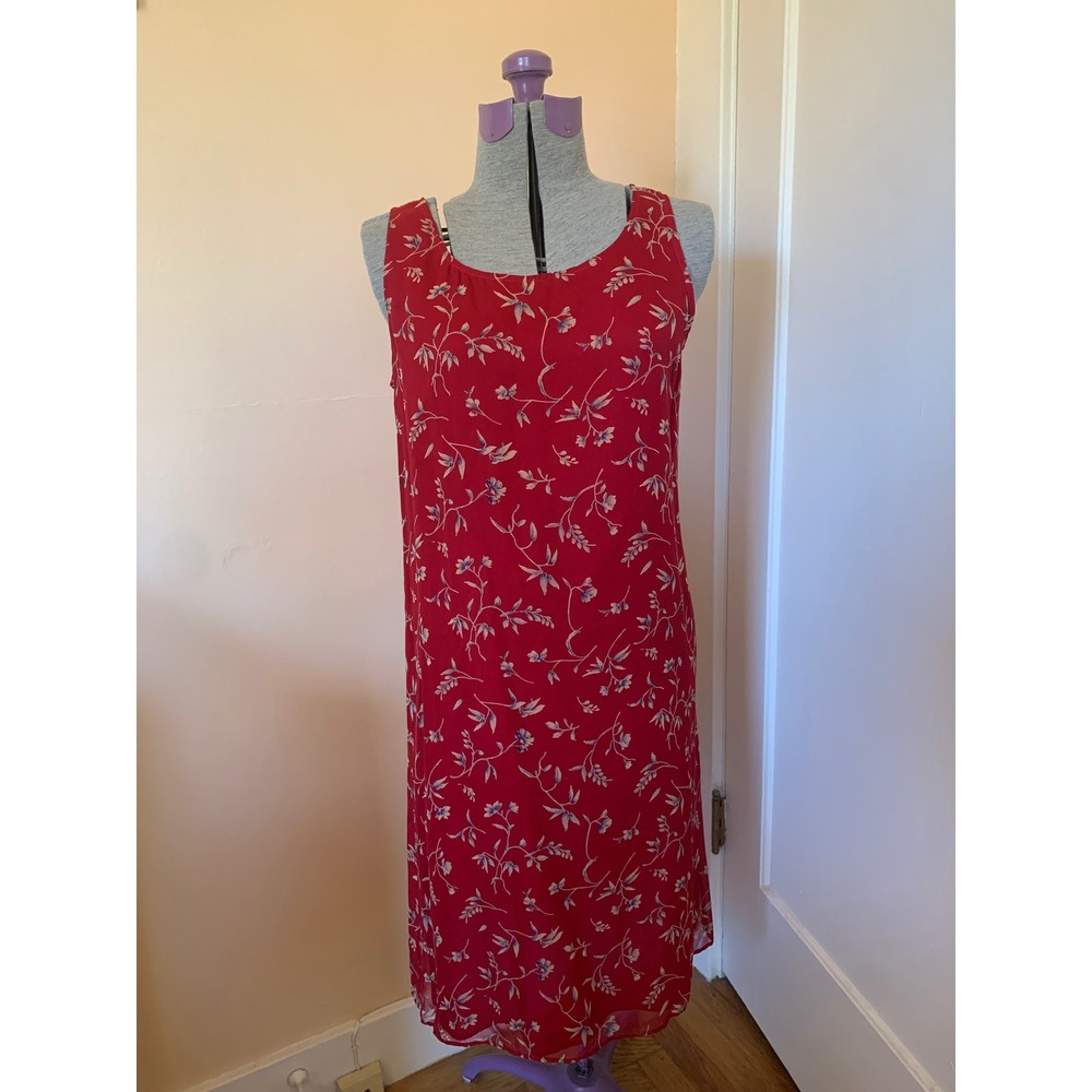 Robbie Bee Red Silk Floral Sleeveless Shift Dress Midi Size 8